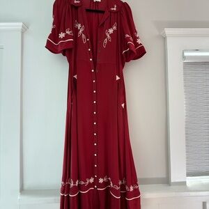 THE GREAT. Red Embroidered Maxi Dress